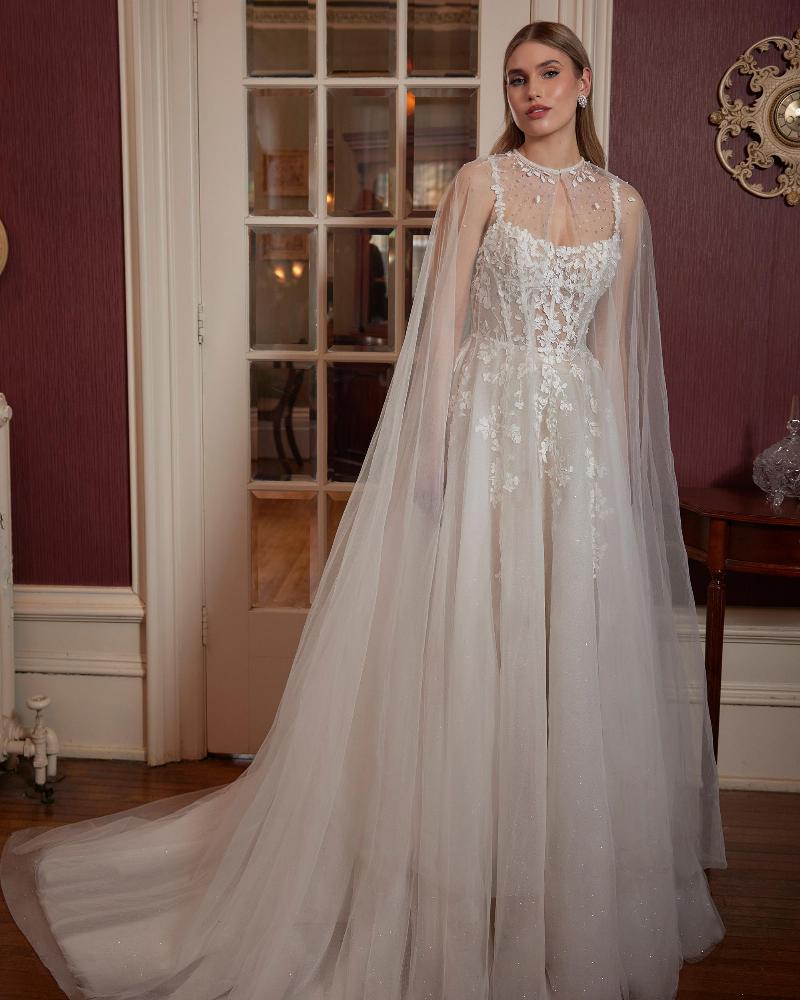 La23236 dreamy lace a line wedding dress with cape3